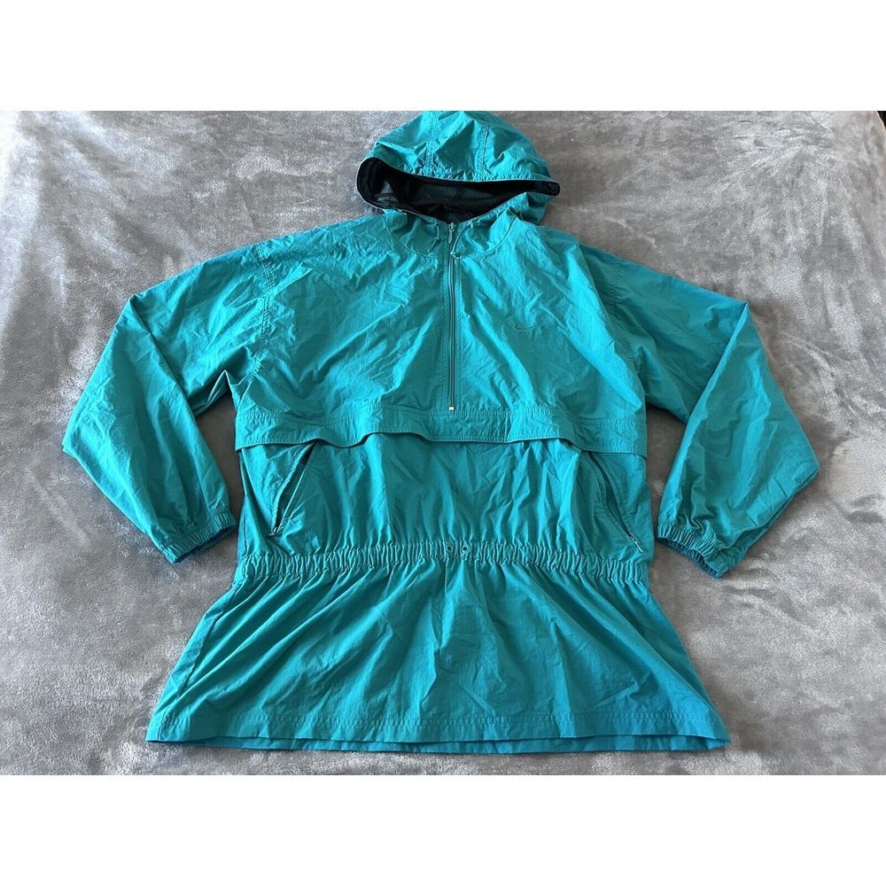Vintage Nike Jacket Womens Large Teal Mesh Lined Hooded Anorak Rain Wind Coat